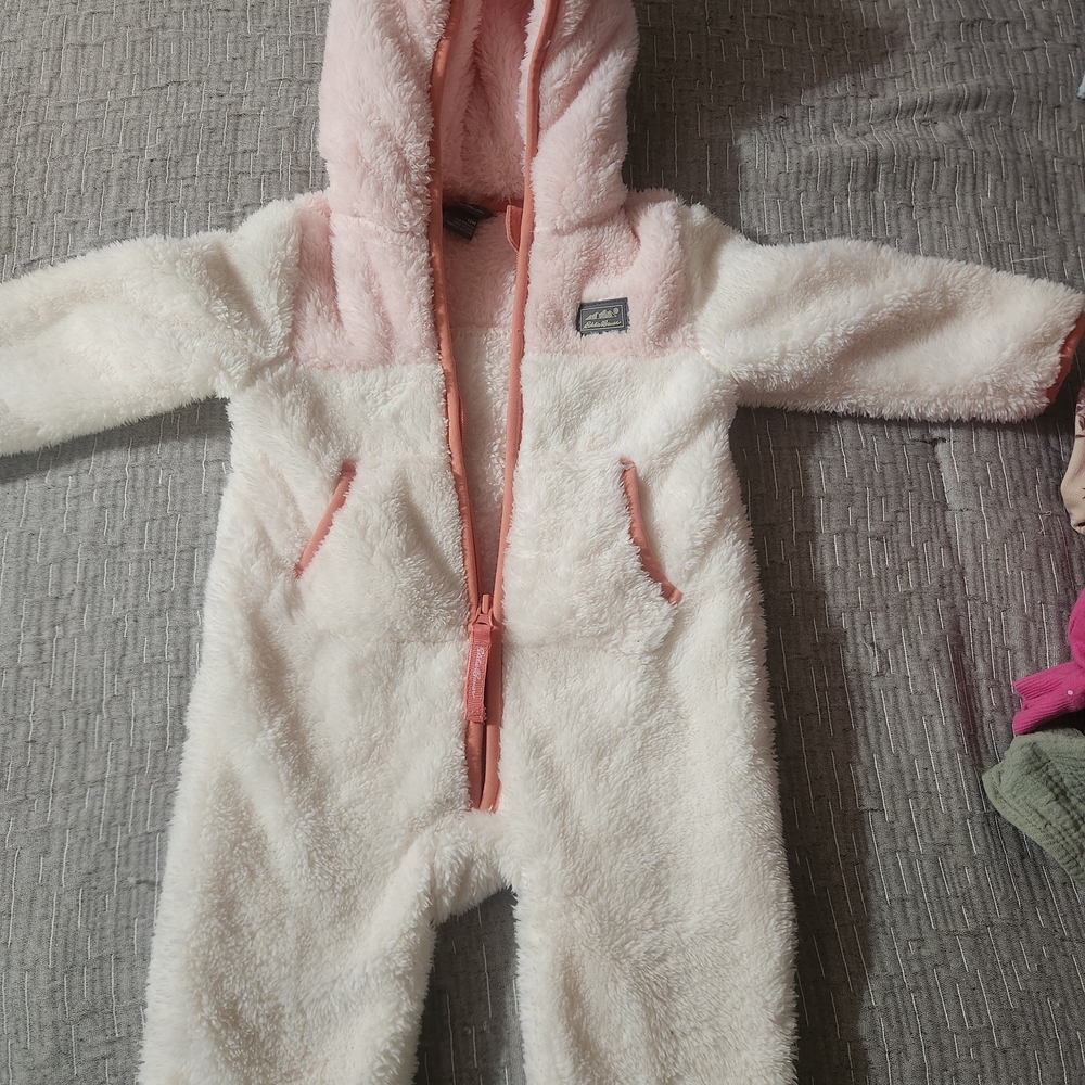 Eddie Bauer Pink & Cream Plush Hooded Baby One-Piece